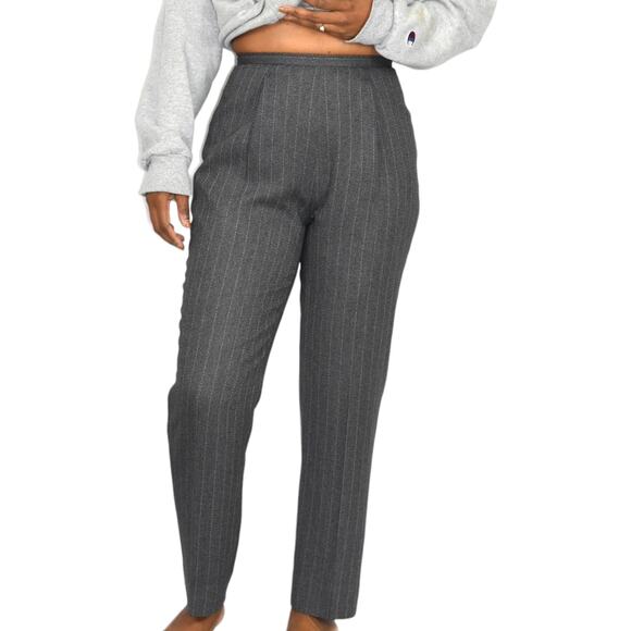 Vintage High Waisted Trousers Grey Striped Dress Pants Tapered Pleated 4 Petite - Picture 13 of 16
